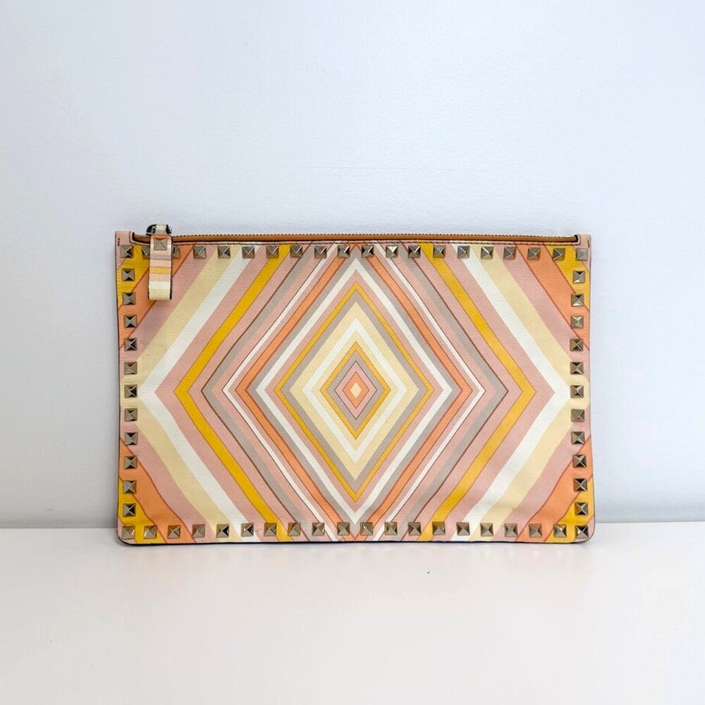 VALENTINO Garavani Orange Psychedelic Rockstud Clutch Pattern Silver Stud Pouch
